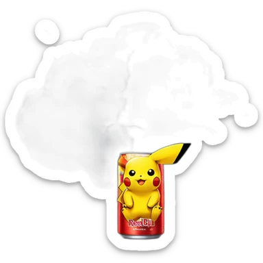 Pikachu drink red bull energy drink can on a cloud with lightning sticker