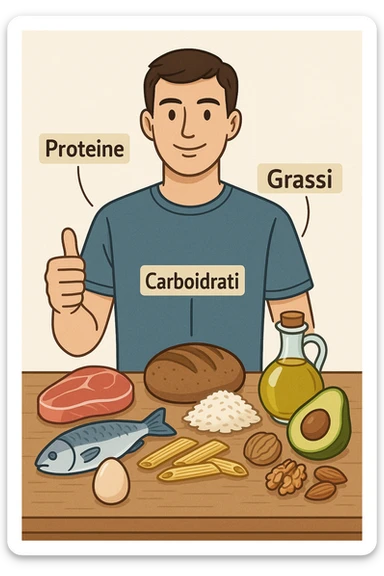 uomo che fa alimentazione attraverso i giusti macronutrienti. Scritte in ITALIANO sticker