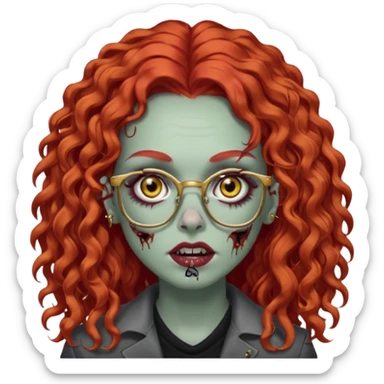 create a zombie with long red curly hair, thick lashes, black square glasses, gold nose piercings on each side of her nose, and a gold eyebrow piercing. sticker
