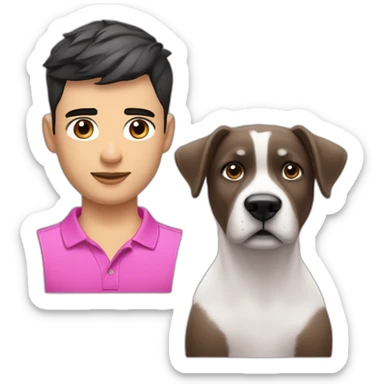 young handsome man with straight short dark hair and dark eyes with large eyelashes and plump pink lips protruding cheekbones in a sports polo shirt with a dog sticker