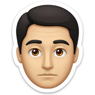 emoji a medio cuerpo hasta la cintura, hombros anchos, de un hombre, con cejas gruesas inclinadas hacia abajo, nariz medio grande, hombros anchos, sin sonrisa, hombros anchos, cabello medio ondulado con un corte juvenil, cabello negro. ojos negros. sticker