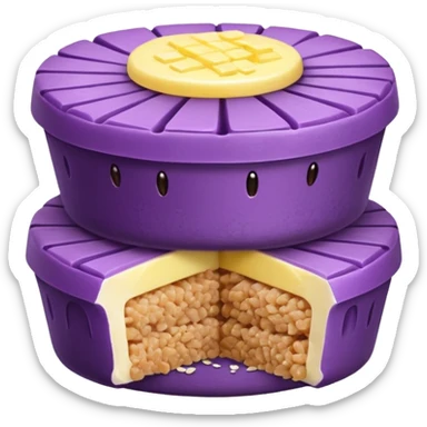 Create an emoji-style illustration of puto bumbong. Purple steamed rice cakes stacked together, topped with butter, grated coconut, and brown sugar. Cute, clean, iOS-style emoji look sticker