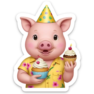Pig with  yellow aloha shirt, birthday hat, holding a cupcake sticker