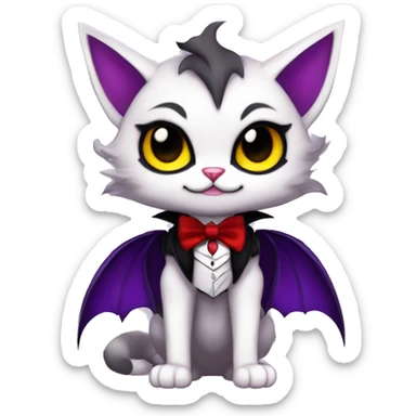 Cute-Evil-Vampiric-Batty-Cat-Black-Purple-Red-Yellow-Contrast-Colors-Fantasy-Fur-Sona-Chibi-Shiny-Fakémon-Hybrid with horns and big fangs neck bow white tie leg spats full body sticker