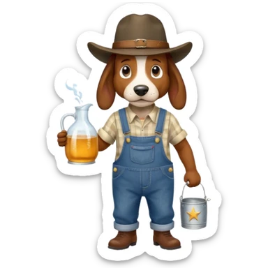 toothless hillbilly basset hound wearing a stetson and dungarees carrying moonshine sticker