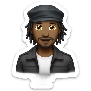A young African-American male with medium-length, thick dreadlocks, a trimmed goatee, and sharp facial features. He has a slim but toned build, a friendly smile, and is wearing a backward cap. sticker