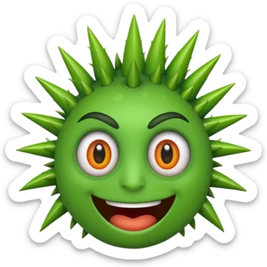 A green emojicon that has crazy eyes and green spikes at the top sticker