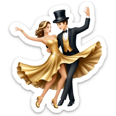 Icon for Ballroom Dancing: a pair of elegant dance shoes, a flowing dress, a top hat, and a dance floor spotlight. The icon should represent the elegance and atmosphere of ballroom dance, focusing on the iconic dance elements. Transparent background. sticker