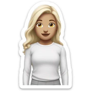 white raced, blonde hair with middle part, girl, long sleeve white lululemon shirt,  grey sweat pants  sticker