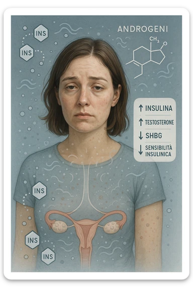 Donna tra i 25 e i 35 anni in primo piano, con espressione affaticata. Intorno al suo corpo appaiono in modo stilizzato e simbolico squilibri ormonali: molecole di insulina in eccesso fluttuano attorno, androgeni (testosterone) evidenziati sopra la testa, segnali visivi di infiammazione cronica lieve. Sopra le ovaie (visibili in trasparenza) compaiono piccole cisti multiple. Accanto a lei, un diagramma stilizzato mostra: '↑ Insulina', '↑ Testosterone', '↓ SHBG', '↓ Sensibilità insulinica'. L’atmosfera è scientifica, educativa ma empatica. Stile realistico con elementi infografici fluttuanti e colori freddi ma puliti. sticker