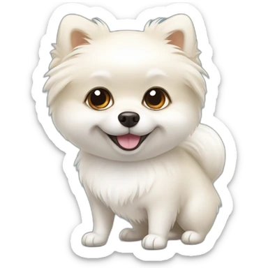 a white cartoon pomeranian holding a bone sticker