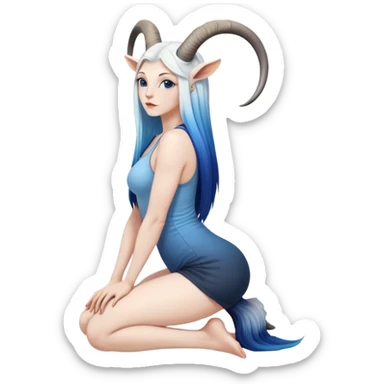 Art of a human white woman's very large perfect body scheme anatomy-very long straight black to blue hair ombre-small goat horns-lean back-on knees sticker