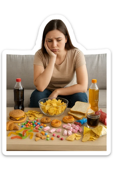Donna tra i 25 e i 35 anni seduta sul divano o a un tavolo disordinato, circondata da cibi sparsi e poco sani: patatine, dolci, pane bianco, snack confezionati, bibite.  sticker