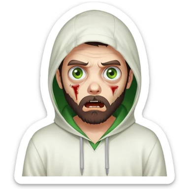 zombie with shocked expression, undercut hairstyle with dark brown hair, short full beard, heterochromia with one green eye and one brown eye, wearing plain white hoodie with hood up sticker