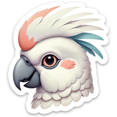 Cinematic Noble Cockatoo Portrait Emoji, Poised and regal, with a striking, crest-adorned head of brilliant white and pastel hues, a robust, curved beak, and piercing, intelligent eyes, Simplified yet sharp and sophisticated features, highly detailed, glowing with a soft, tropical luminescence, high shine, intelligent and majestic, stylized with an air of avian elegance, focused and alert, soft glowing outline, capturing the essence of a watchful and confident cockatoo that appears ready to unfurl its crest out of the screen with effortless authority! sticker