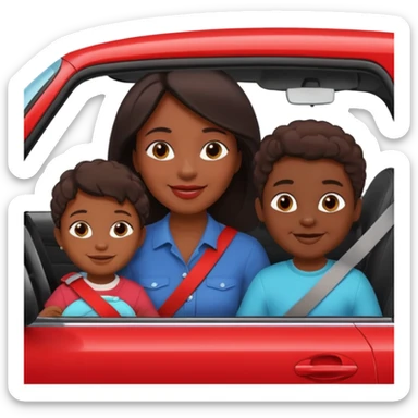 Dark Skin mom with two children, one young boy and a baby girl in a car red sticker