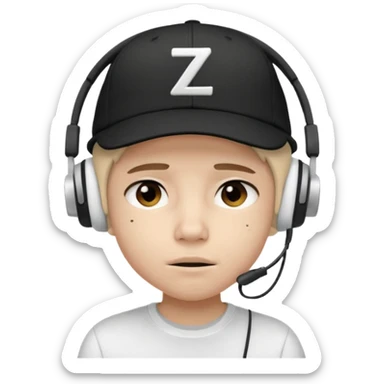 Adolescente com fone branco no ouvido é um boné preto, com uma carinha de sono e uns z z z sticker