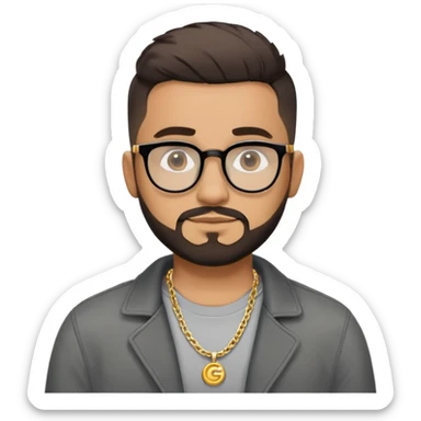 Hombre latino piel marron claro, cara estirada ovalada, gafas redondas oscuras, barba corta, pelo muy corto fade a los lados medio risado. Sonrisa leve, expresión tranquila. Camiseta gris, jacket negro abierto, collar G dorado sticker