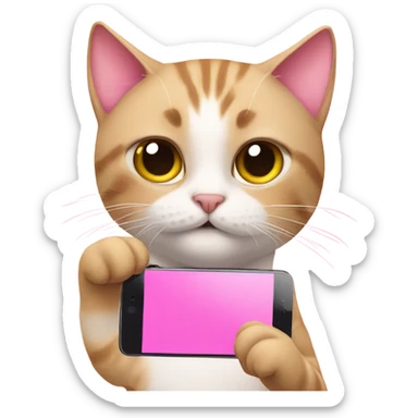 Cat with two bows in hair taking selfie on pink phone  sticker