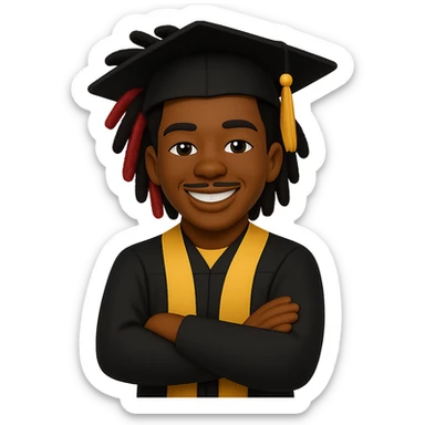 Create a male African American graduate emoji with the hairstyle and features from the reference photo, wearing a graduation cap and gown, arms crossed and smiling. No background. sticker