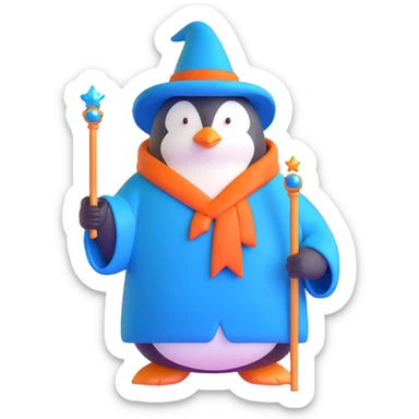 penguin wizard with a blue robe and sparkly wand sticker