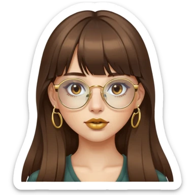 pretty girl with long brown hair with bangs, gold glasses and gold septum ring in nose  sticker