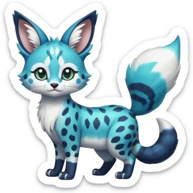 Exotic tropical shiny cute realistic Cobalt-Blue-green-turquoise-gradients, black, white Purloin-Meowstic-Minccino-Cinccino-serval-furret-Noibat-caracal-fusion-hybrid-creature (full body) sticker