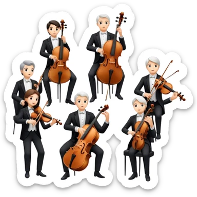 Icon for Classical Music: symphonic orchestra with musicians playing violins, cellos, flutes, and a conductor leading the ensemble. A grand, elegant vibe. Transparent background. sticker