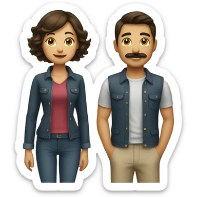 A girl  with short hair  and her boyfriend with mustache working together successfully  sticker
