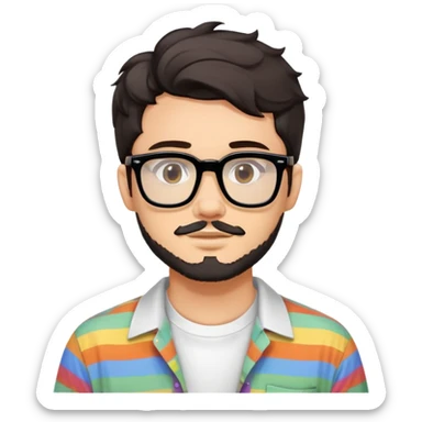 young adult man with light skin, short beard, dark wavy hair, relaxed expression, very wide rectangular glasses with thick black acetate frame and thick double bridge, retro oversized style, colorful open shirt and white t-shirt sticker