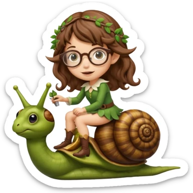 tiny forest elf woman brown wavy hair glasses riding a snail sticker