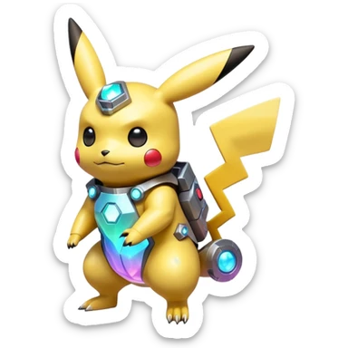 Mechanical Sparkly Glittery Nebulae Beautiful Gorgeous Pretty Pastel Hot Exotic Lush Warm Cute Adorable Colorful Shiny Iridescent Futuristic Modern Cybernetic Pikachu-Protogen-Vernid-Fakémon-Pokémon-creature-fusion (full body) sticker