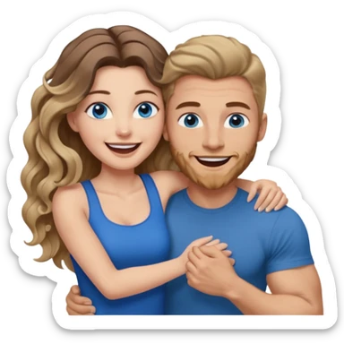 Women with blue eyes and very long, brown blond balayage curled hair in the arms of a man with strong arms a straight face, a very sexy man blue eyes. They are laughing at each other. He has brown hair: A fade haircut down to skin and is light skinned  sticker