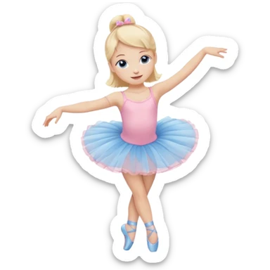 Little blonde girl with blue eyes doing ballet in a pink tutu and ballet slippers, cute emoji style, soft colors, happy expression sticker