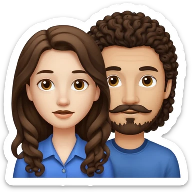 Couple emoji: girl is pale with brown straight long hair and boy is tan with black curly hair with a mustache and a goatee sticker