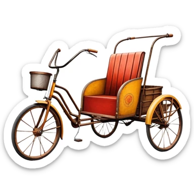 ​Cinematic Realistic Tricycle Rickshaw, depicted as a vintage manually operated vehicle featuring two front wheels and a single rear wheel, rendered with detailed rustic textures, vibrant colors, and dynamic urban lighting that captures its unique design and cultural charm, sticker