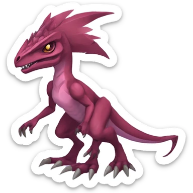 Mauve-maroon-red-violet-colored edgy anthro-genesect-velociraptor-scalie-sona-Fakémon-hybrid with a mane on head and back and horns full body sticker
