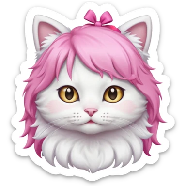 White cat wearing pink wig and bow sticker