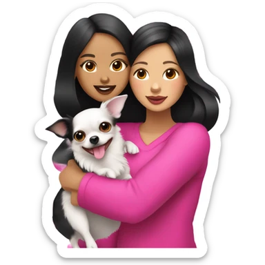 Thick medium black hair with hot pink lips and pink cheek smiling Filipino lady hugging black and white Chihuahua  sticker