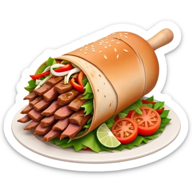 Cinematic Realistic Doner Kebab Dish Emoji, showcasing succulent, spiced meat shaved from a rotating spit rendered with lifelike detail and dynamic, appetizing lighting. sticker