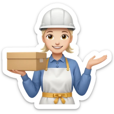 Tengo que dar una capacitacion de orgonomia, necesito un emoji de un operario con casco blanco y delantal blanco de manga larga que levante una caja cerrada con las dos manos a la altura de los hombros sticker