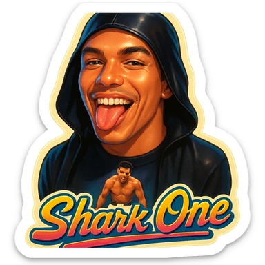 Make him Smiling with tongue sticking out
Add the words Shark One sticker