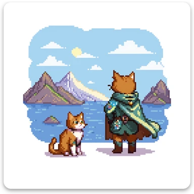Explorer cat with map, mountain landscape with stars, wearing light explorer outfit with cape blowing in wind, gazing at horizon sticker