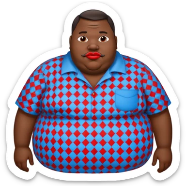 an extremely obese man with extremely dark skin and giant red lips wearing a blue-and-gray shirt sticker