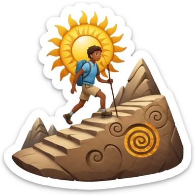
una mezcla de sol + montaña + caminante estilo petroglifo con un espiral tipo energía ancestral sticker