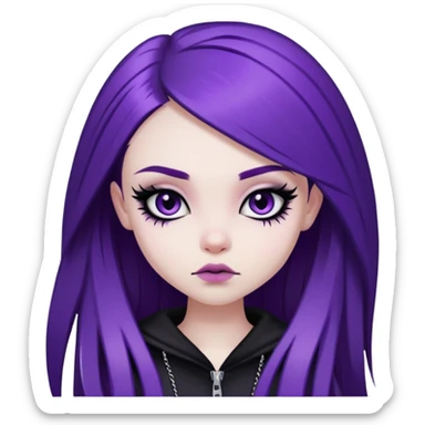 emo alternativ purple long hair, pale skin,  dark iris, pretty bratz baddie, strong black eyeliner sticker