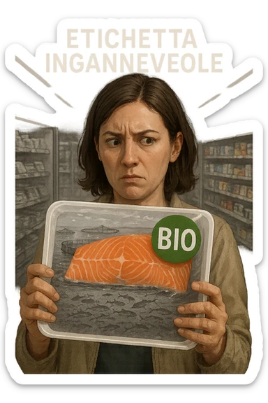 Scena in un supermercato moderno: uomo o donna tiene in mano una confezione di salmone etichettata 'BIO', con un grande bollino verde. Ma in trasparenza, dietro l’etichetta, si intravede un allevamento intensivo di salmoni in gabbie marine, acqua torbida e pesci ammassati. Espressione del cliente confusa e sospettosa. Sopra la testa, testo simbolico fluttuante: 'Etichetta ingannevole'. Colori contrastanti: confezione brillante ma realtà di fondo grigia e artificiale. Stile realistico con elementi simbolici forti realistico sticker