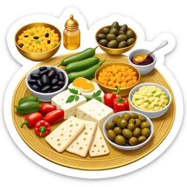 A beautifully arranged Middle Eastern breakfast spread, served in elegant golden plates., cucumbers, and bell peppers, along with olives, dates, and cheeses. There are also classic breakfast staples like scrambled eggs, cold cuts, honey, jam, and creamy cheeses.  sticker