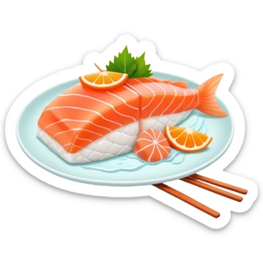Cute Kawaii Sashimi Slice, delicate and fresh, bright orange salmon with soft pastel textures, an adorable happy face, tiny chopsticks lifting it, gentle glowing highlights! sticker