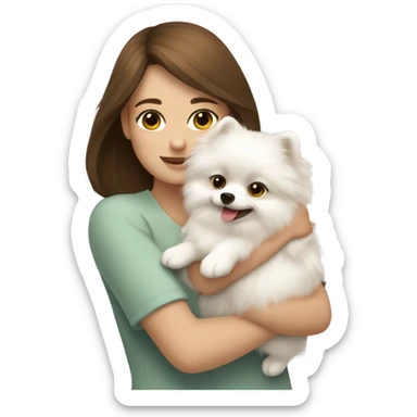 girl with brown hair hug white Pomeranian sticker